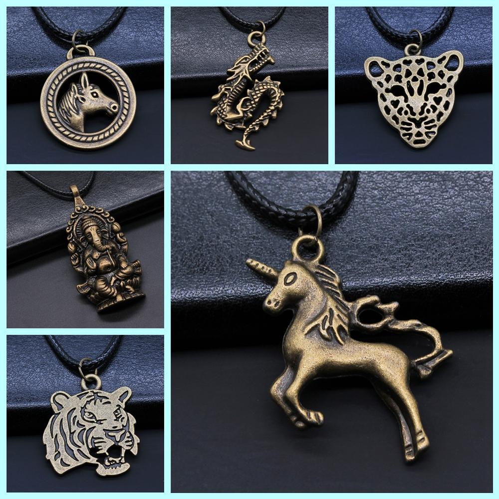 Animal Black Leather Necklace Elephant Wolf Dragon Horse Gecko Lizard Pendant Necklace For Women Men Boy Girls