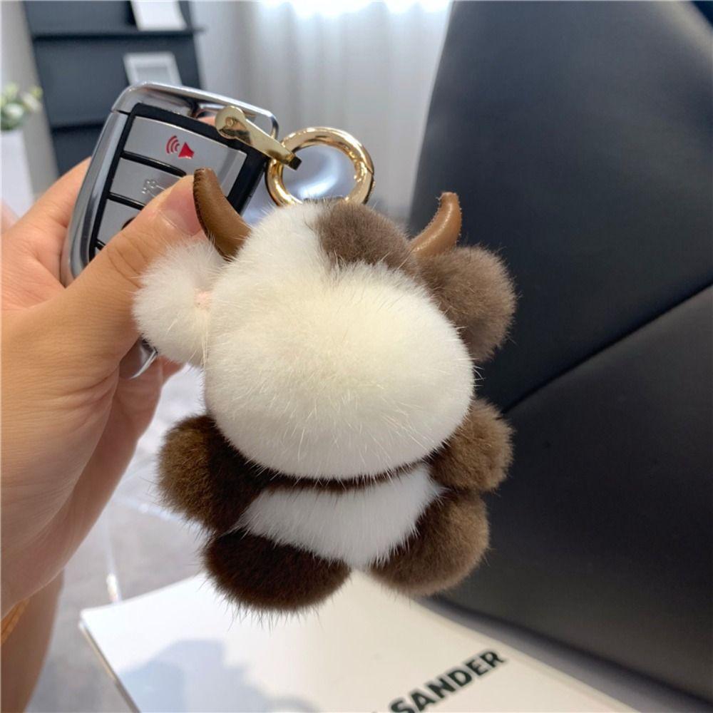 Keyring Long Mane Calf Pendant With Horn Simulation Mink Fur Cow Keychain Bag Decor Soft Cute Animal Keychain Girls