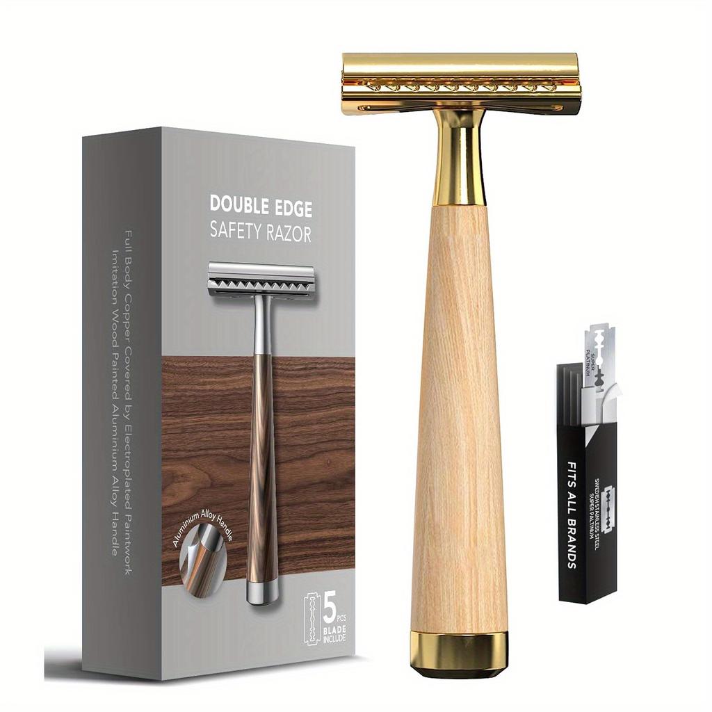 Double Edge Safety Razor Handle Razor with 5 Blades Heavy Duty Eco-Friendly Razor Replaceable Blade