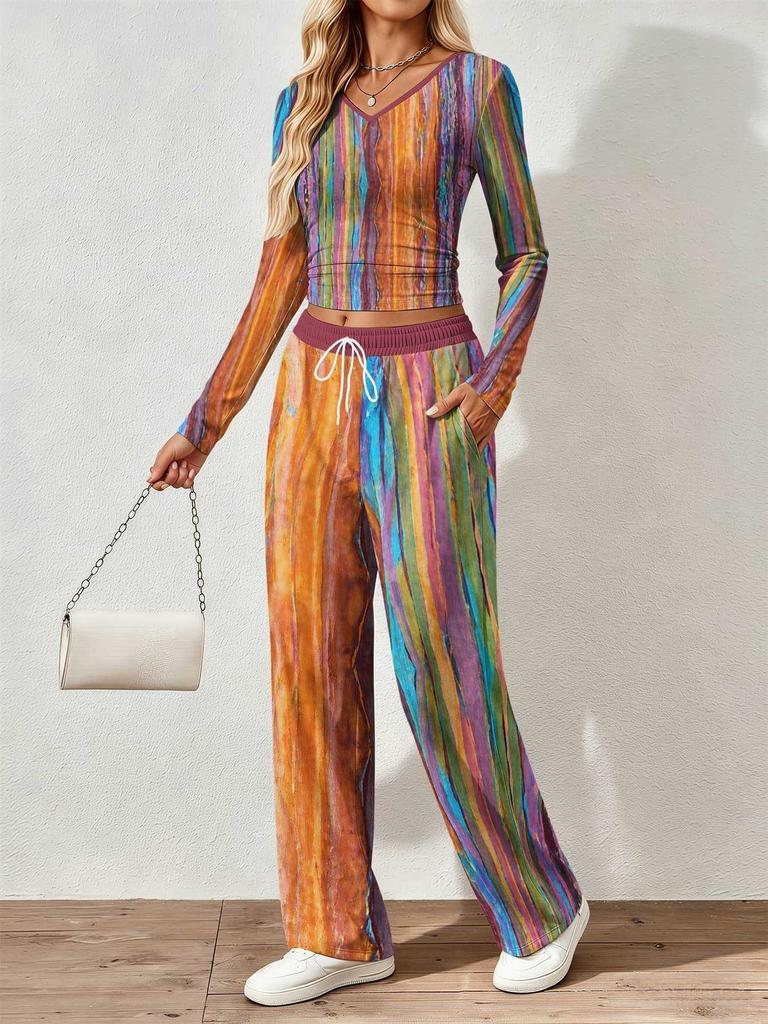 Spring and Autumn Ladies V-Neck Long Sleeve Pants Set Comfortable Casual Versatile Slim Two-piece Set