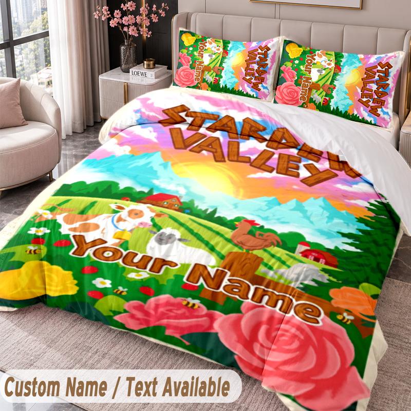 Custom Name Text 3Pcs Bedding Set Stardew Valley Duvet Cover And Two Pillowcases