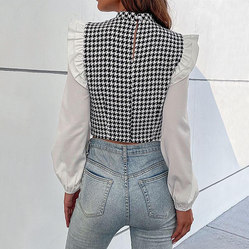 Women Spring Autumn Ruffles Lantern Sleeve Houndstooth Printed Bare Midriff Pullover Shirt Top