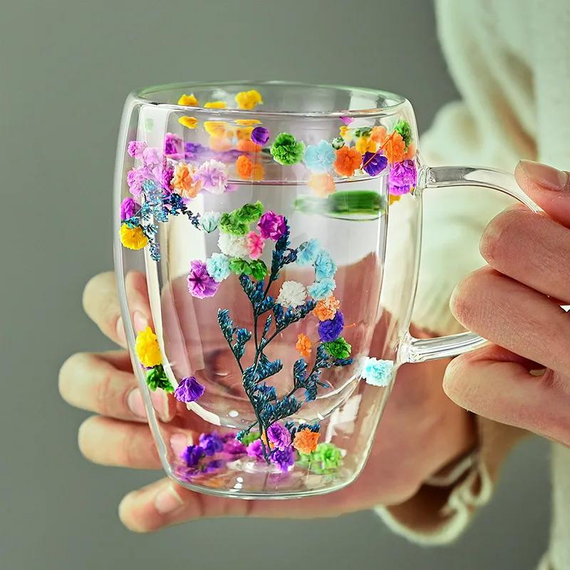 Double Layered Dried Flower Glass Cup Creative Pattern Mugs High Borosilicate Insulated Cup Kitchen Drinkware Home Accessories