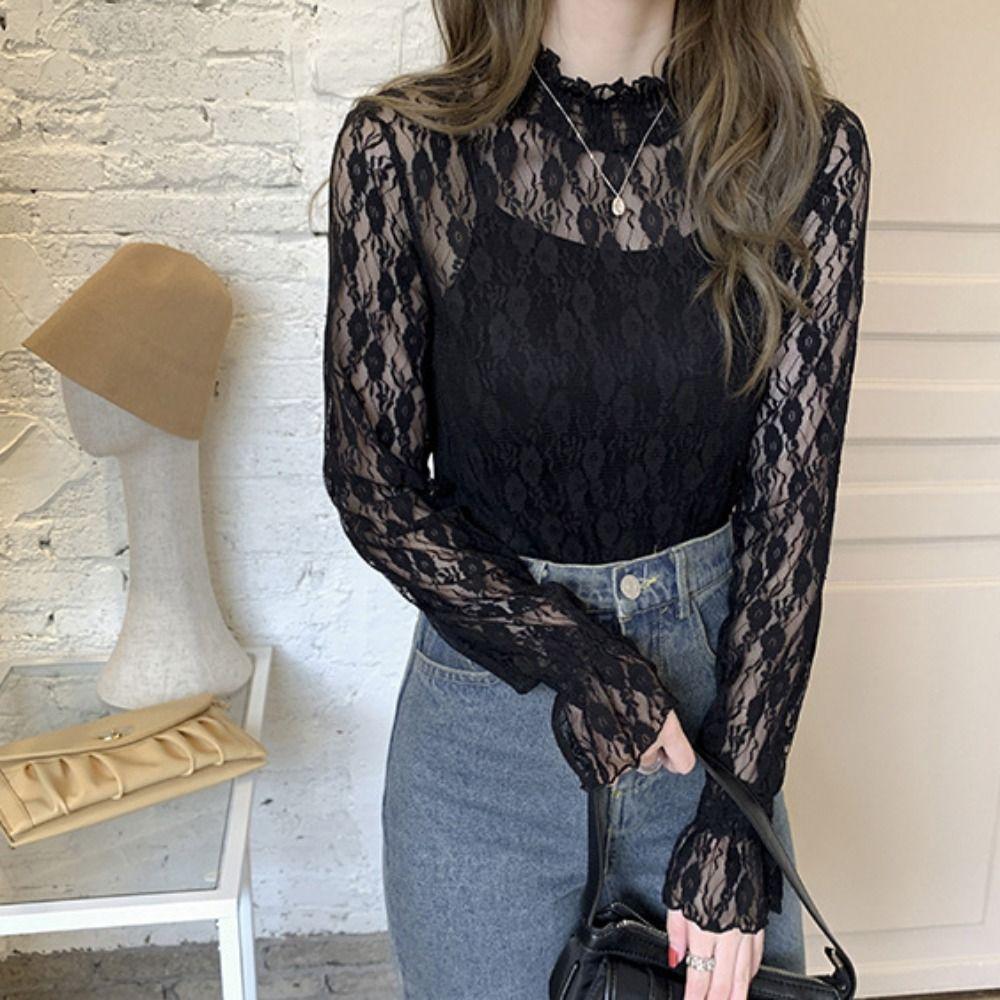 Dot Lace Flower Top Half High Collar Long Sleeved Mesh T-Shirts Transparent Pullover Top  Summer