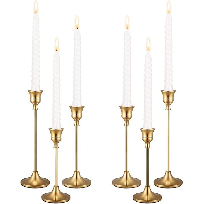 Candle Holders,Set of 6 Candlestick Holders for Taper Candles, Brass Gold Modern Decorative Candle Stick Holder for Table, Mantel, Wedding, Dinning,