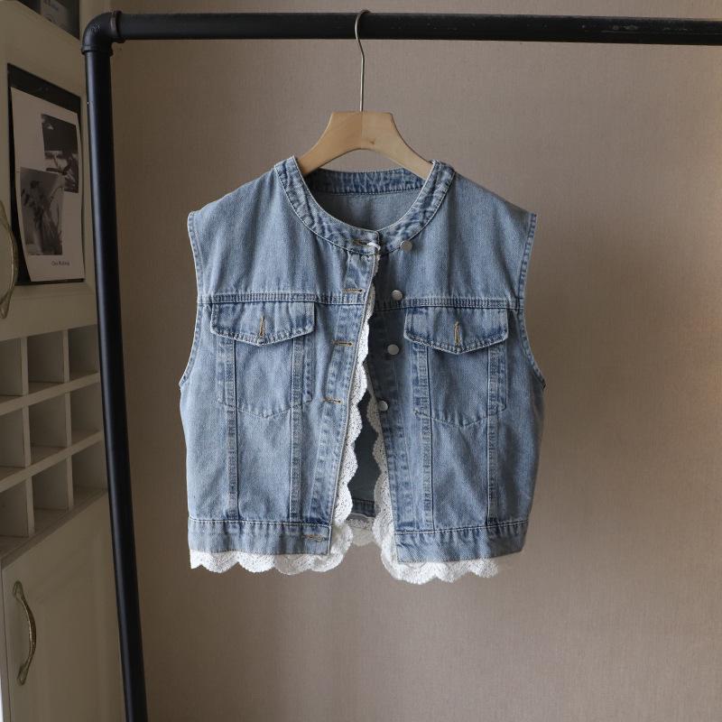 

[Би Чжэн] Весна 2025 Женская Ретро Корейская Джинсовая Жилетка с Кружевной Отделкой One Size светло-синий