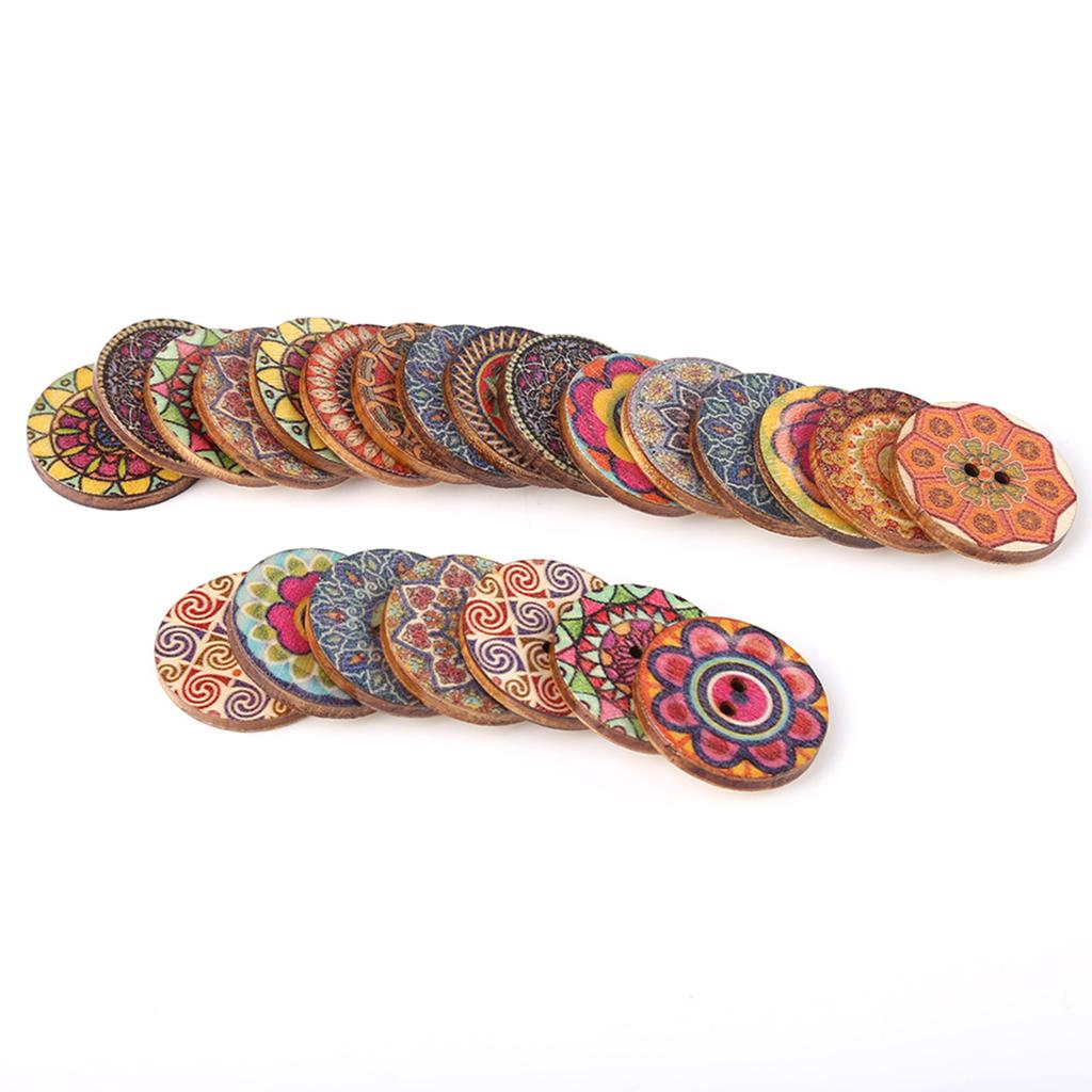 100 Pcs Mixed Pattern Vintage Wood Buttons with 2 Holes for DIY Sewing Craft Decorative 25mm