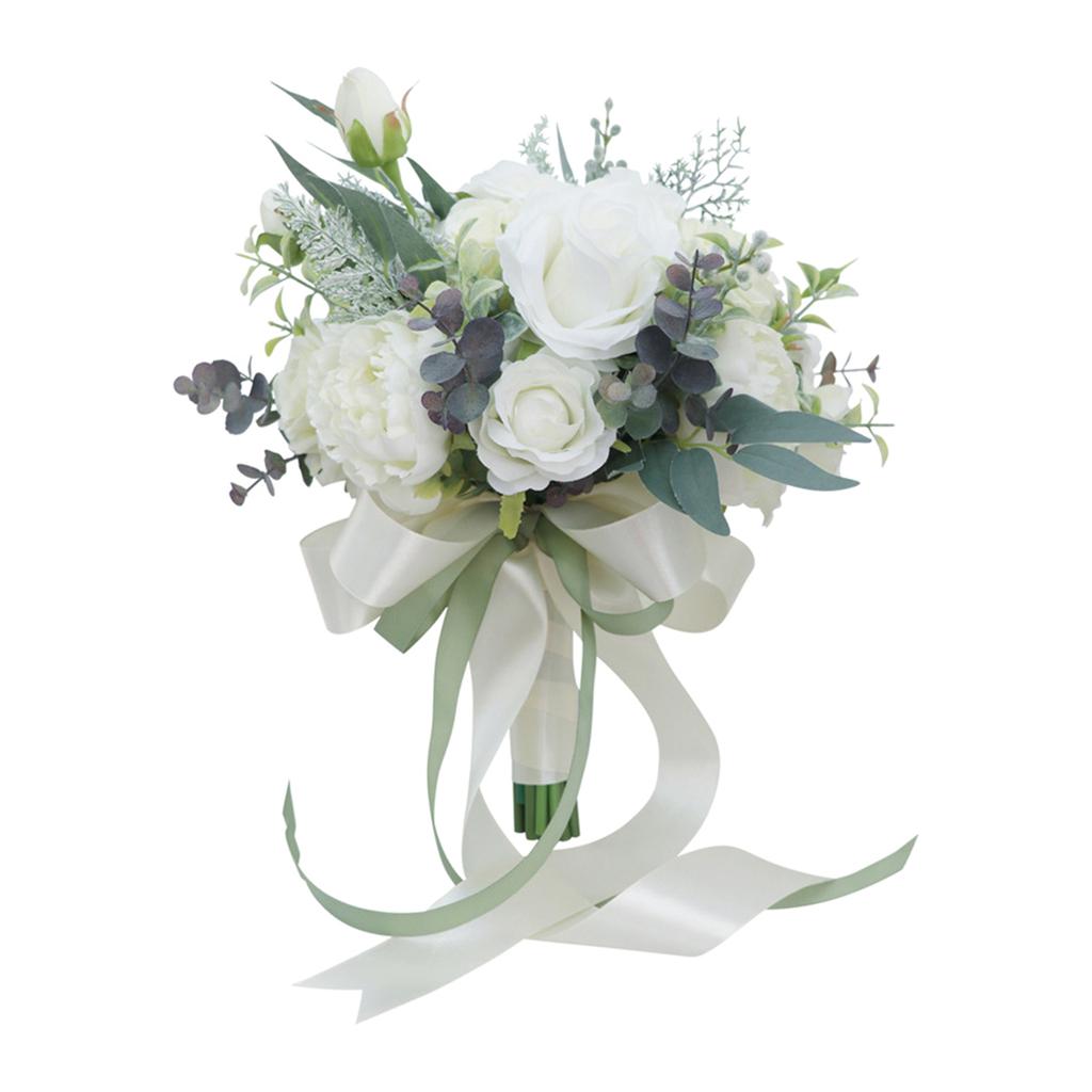 Hand Bouquet Artificial Silk Flowers White Rose Peony Floral Ornament for Women Teenager Girl Photo Props