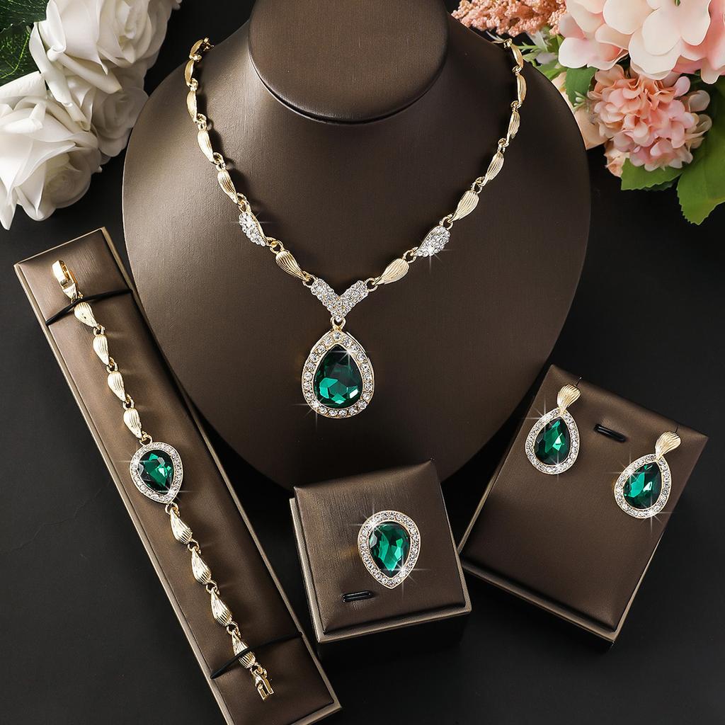 Foreign Trade Trend Exaggerated Droplet Gemstone Necklace Earrings Bracelet Ring Alloy Four Piece Set Bridal Banquet Jewelry