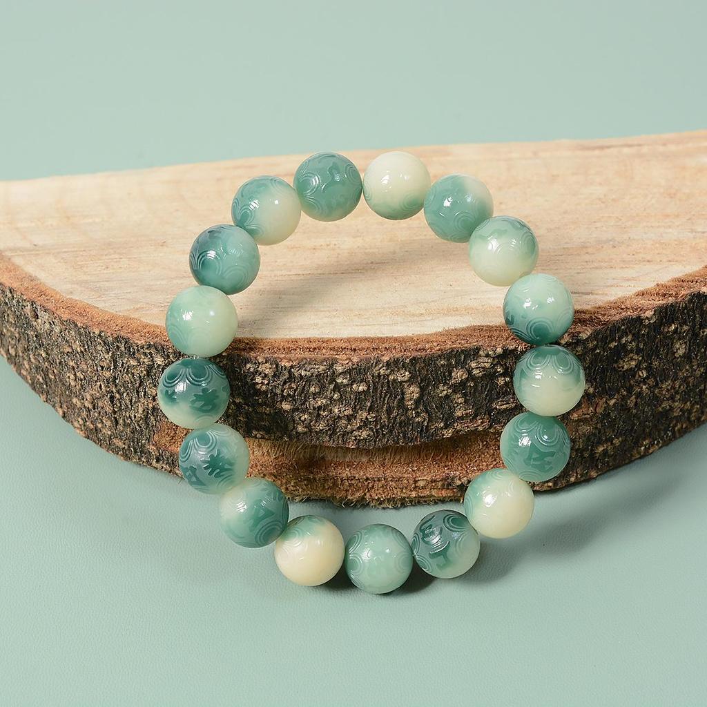 Green Gradient Bodhi Root Bracelet with Six-Character Carved Pendant for Students and Women