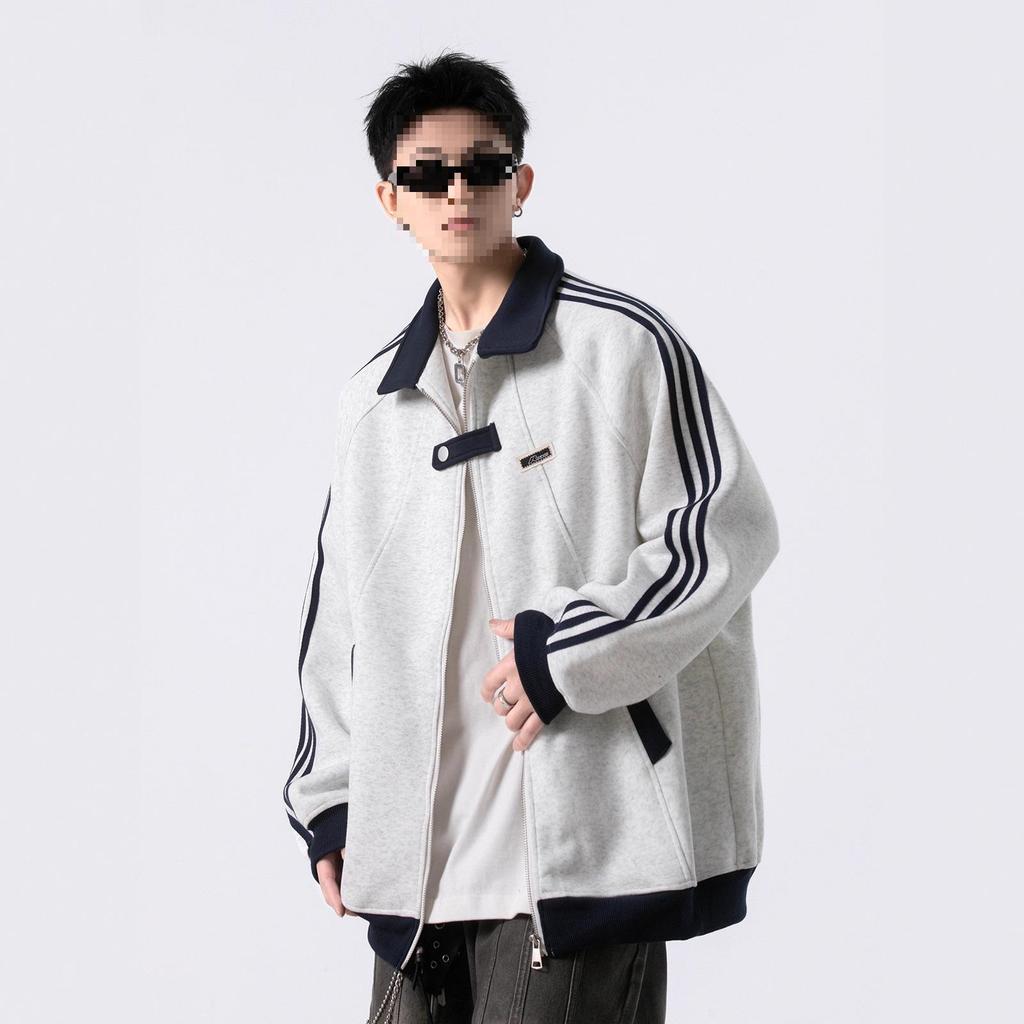 American Three-Stripes Unisex Heavyweight Baseball Jacket - Trendy Autumn/Winter Striped Patchwork Outerwear for Teens