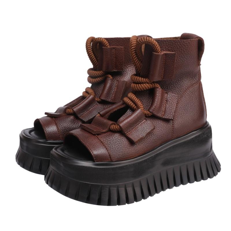 Fashion GKTINOO 2025 Spring Summer New Genuine Leather Thick Soled Peep Toe Roman Sandals Retro Versatile Handmade Women's Shoes