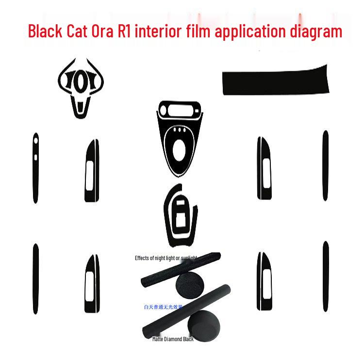 Carbon Fiber Interior Decor Stickers for Black Cat Ora R1: Central Control, Gear Position, and Door Panels