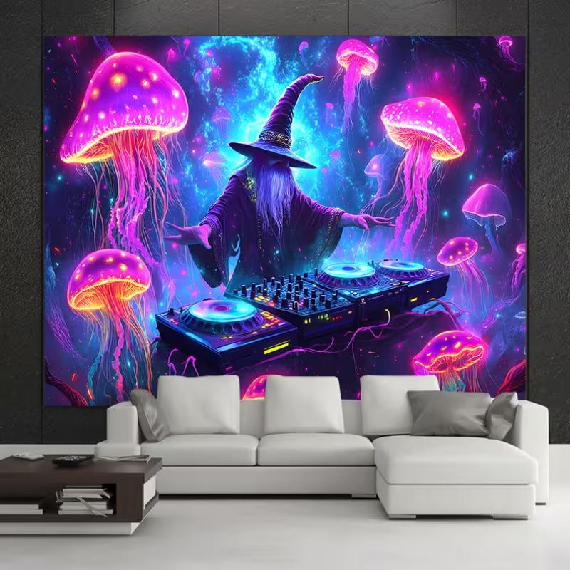 Neon DJ Wizard & Jellyfish Tapestry, Psychedelic Space Wall Art for Bedroom & Music Events