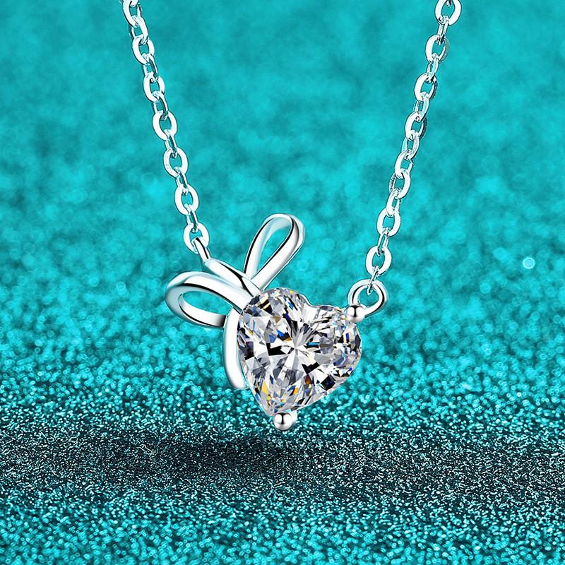 Sterling Moissanite Heart Bow Rabbit Ear Pendant Necklace Women Sweet Cute Fresh Style 925 Sterling Silver