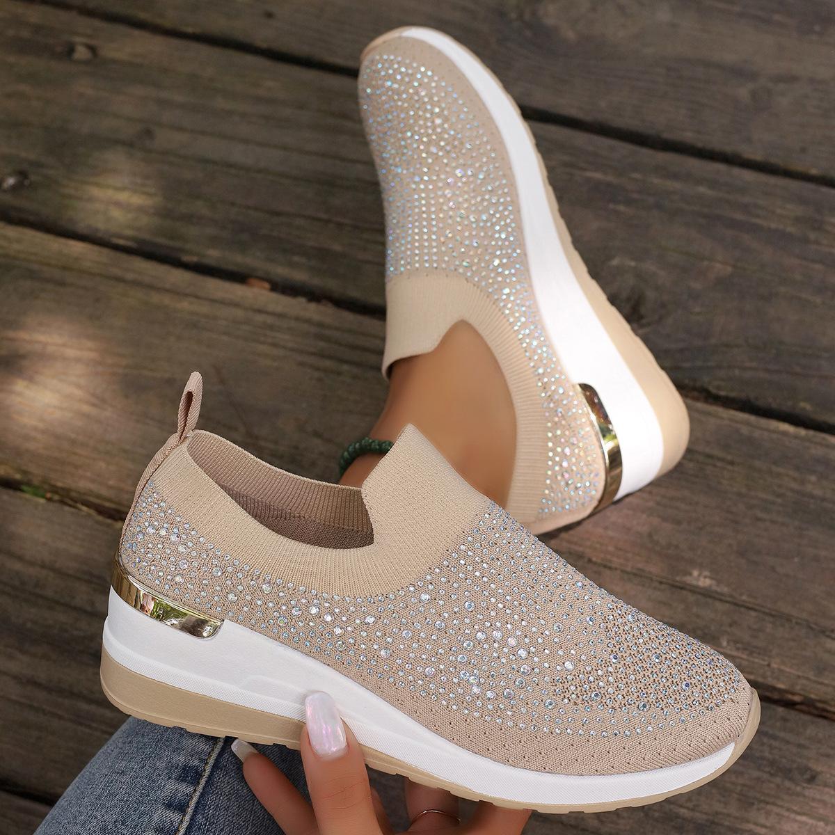 

Women Wedges Platform Sneakers Autumn Fashion Rhinestone Casual Knit Slip-on Walking Shoes Woman Non Slip Thick Sole Sneakers 37 хакі