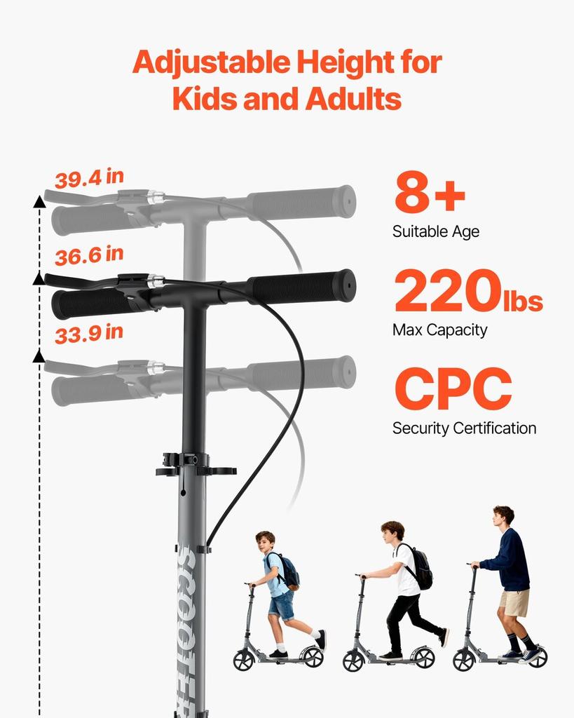 Kick Scooter for Kids Ages 8+, Teens & Adults, 2-Wheel Toddler Scooter with Adjustable Height Handlebar, Wide Anti-Slip Deck, Foldable Lightweight