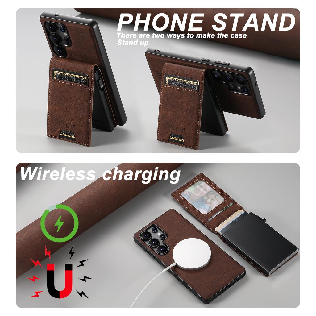 SUTENI H19 For Samsung Galaxy S24 Ultra Magnetic Case Card Holder Kickstand Litchi Texture Leather Back Cover