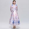 Wunderschönes Blumenwickel-Langarmkleid Damen V-Ausschnitt Laternenärmel Chiffon-Patchwork Dickes Satin-Band-Schnürgürtel Partykleid