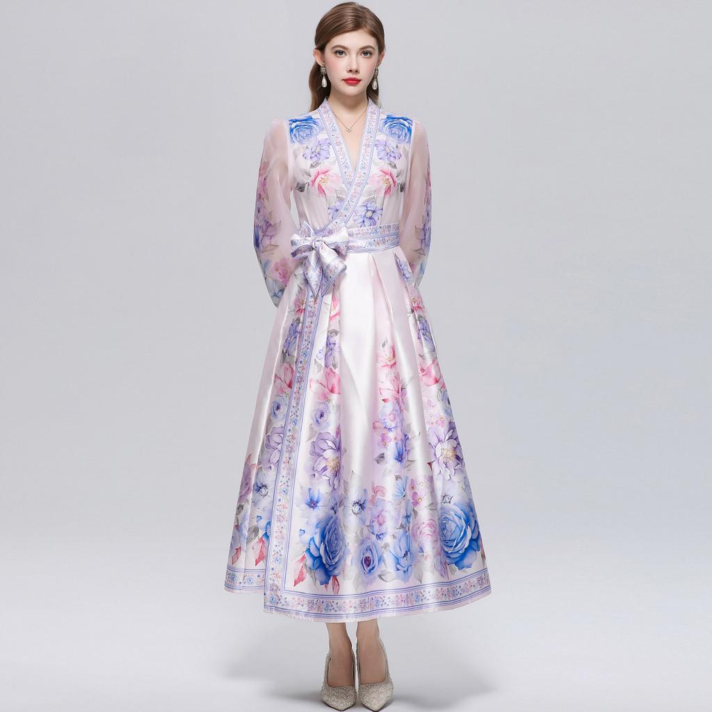 Wunderschönes Blumenwickel-Langarmkleid Damen V-Ausschnitt Laternenärmel Chiffon-Patchwork Dickes Satin-Band-Schnürgürtel Partykleid