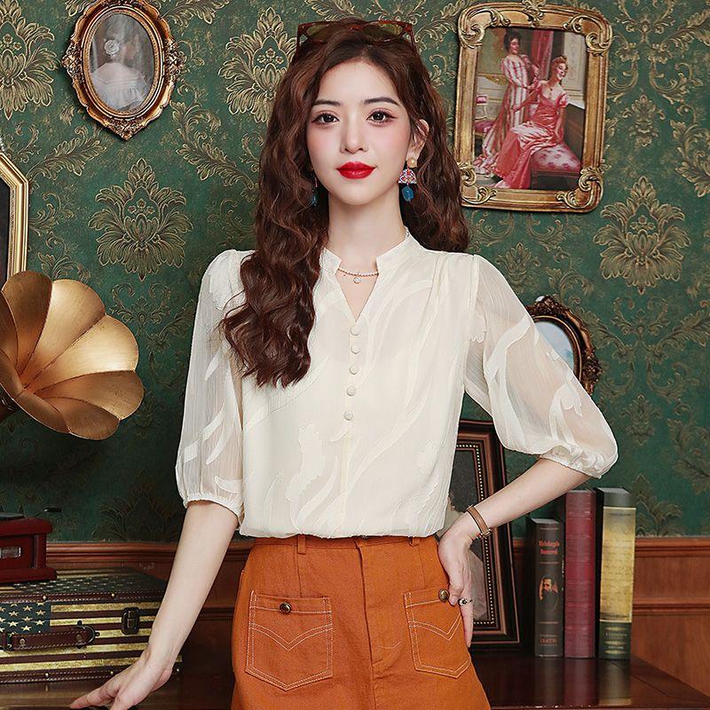 

Блузка из шифона с коротким рукавом, летняя, новая, модная и стильная, кружевная, свободный топ XL абрикосовый