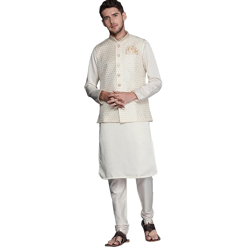 Manyavar Kurta Jacket Set for Men, Full Sleeves Mandarin Collar Ethnic Wear Jacket Set for Festival, Wedding, Party Sati
