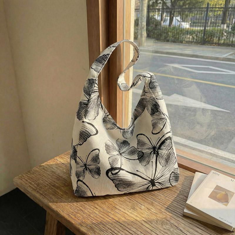 Canvas Tote Bag with Butterfly Print and Long Shoulder Strap for Women Daily Use