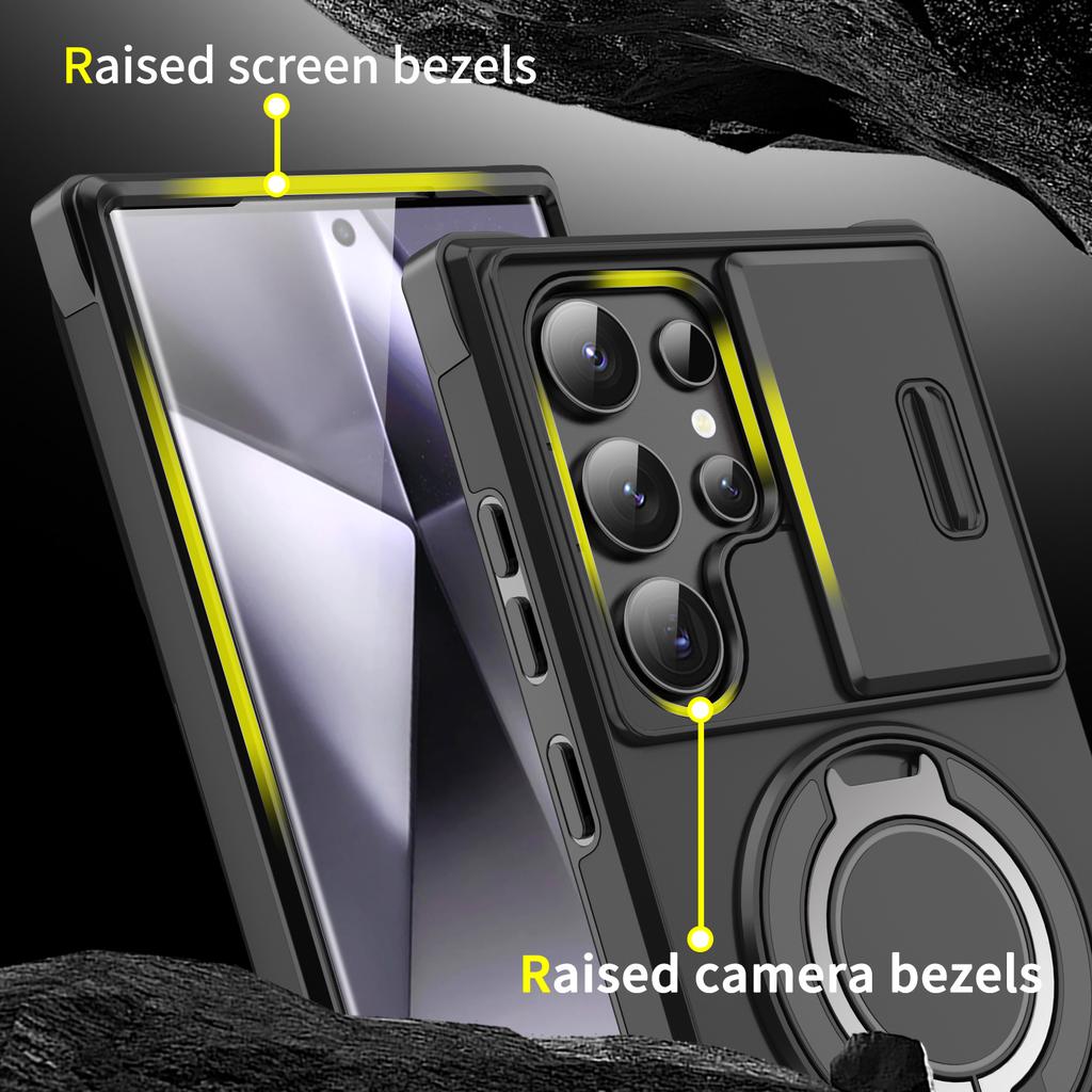 Armor Magnetic Bracket Case For Samsung Galaxy S25 S24 S23 S22 S21 Ultra Plus With Lanyard Slide Camera Protect Shockproof Cover