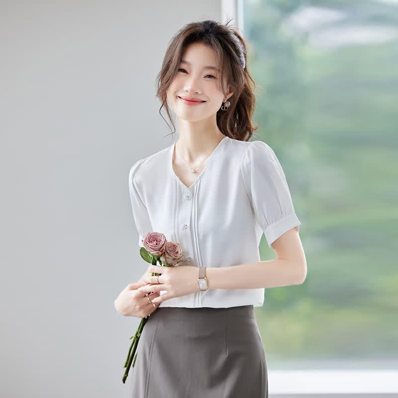 Tluoman Elegant V-Neck Chiffon Short Sleeve Blouse
