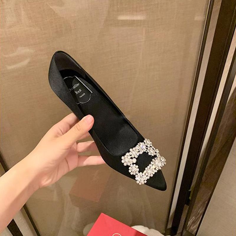 Rv Rhinestone Pointed Black High Heels 2025 New Satin Stiletto Wedding Shoes Show Wood Wedding Shoes Square Buckle Single Shoes