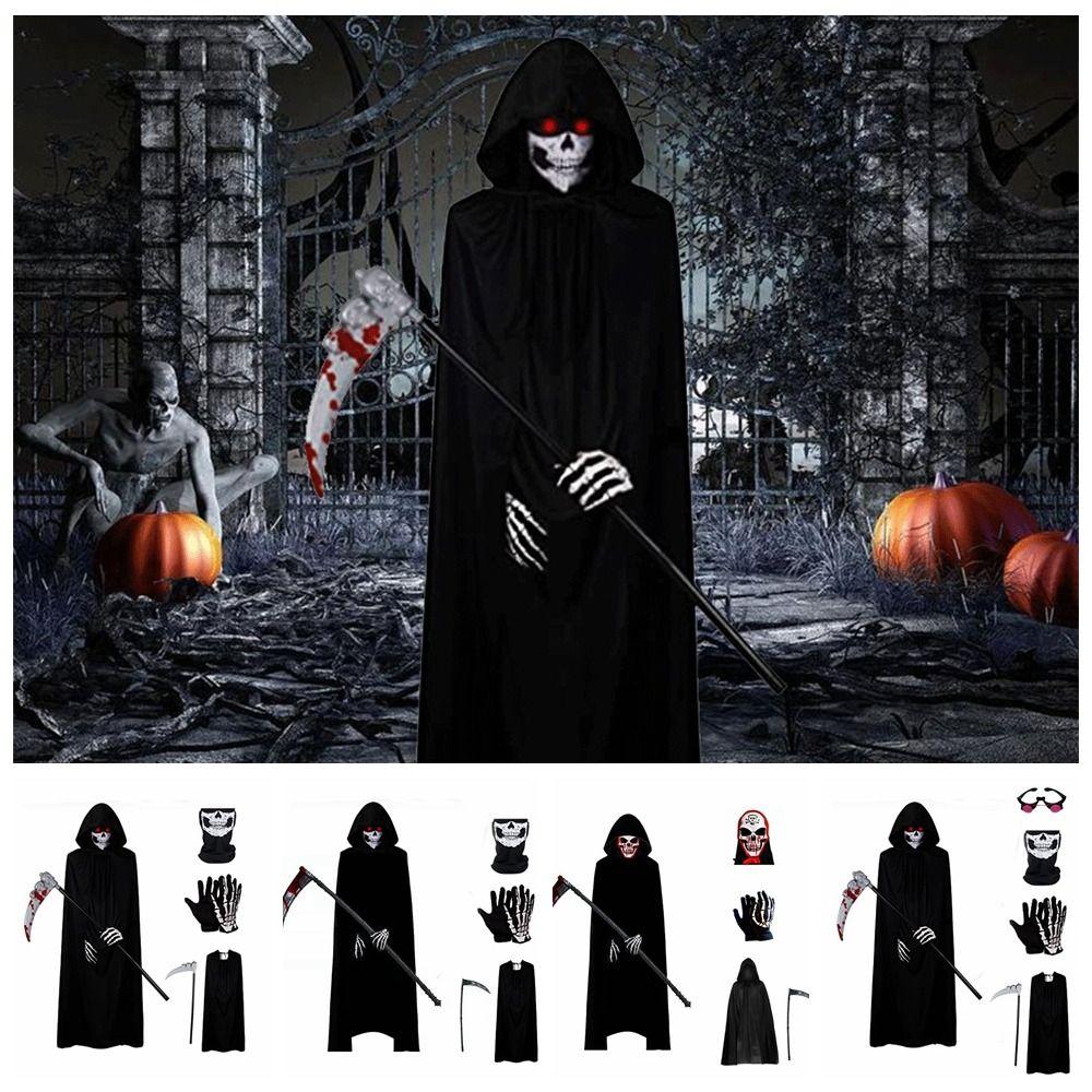 

С перчаткой Призрачный Жнец Костюм Черный Плащ Набор Хэллоуин Мрачный Жнец Костюм Взрослые Дети
