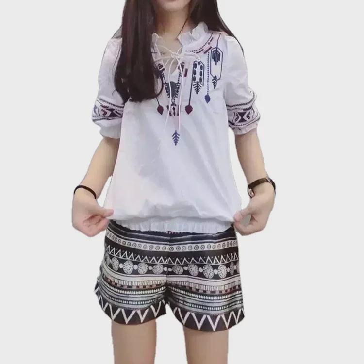 Korean Women's Summer Casual Embroidered T-Shirt & Shorts Set
