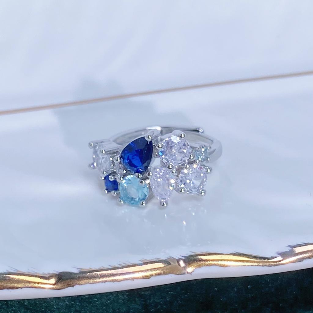 Caibao Personalized Sea Blue Micro-Inlaid Zir*****Pen Ring Female Geometric Niche Light Luxury High-End Ring Female