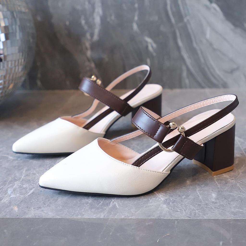 Women's Summer 2025 Pointed-Toe Backless Roman High Heel Sandals with One Strap & Chunky Heel