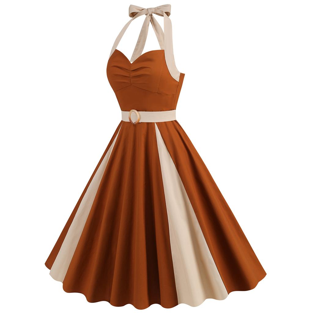 New Vintage-Style Patchwork Midi Dress for Women: Fashionable, Youthful, Halter Neck, Tie-Front, and Full Skirt