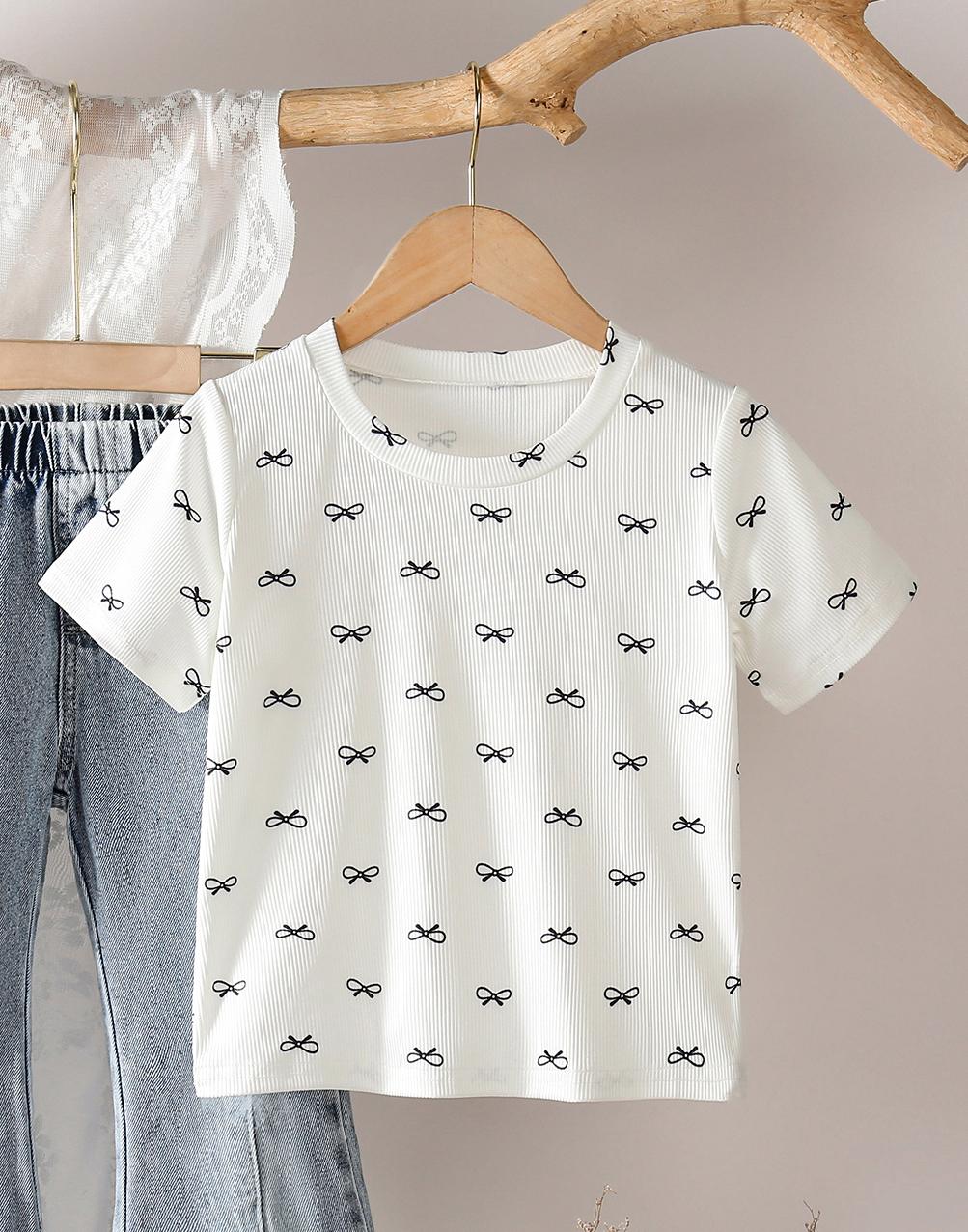 Fashionable and trendy all-over print bow-print comfortable casual round neck short-sleeved T-shirt for girls 4Y разноцветный