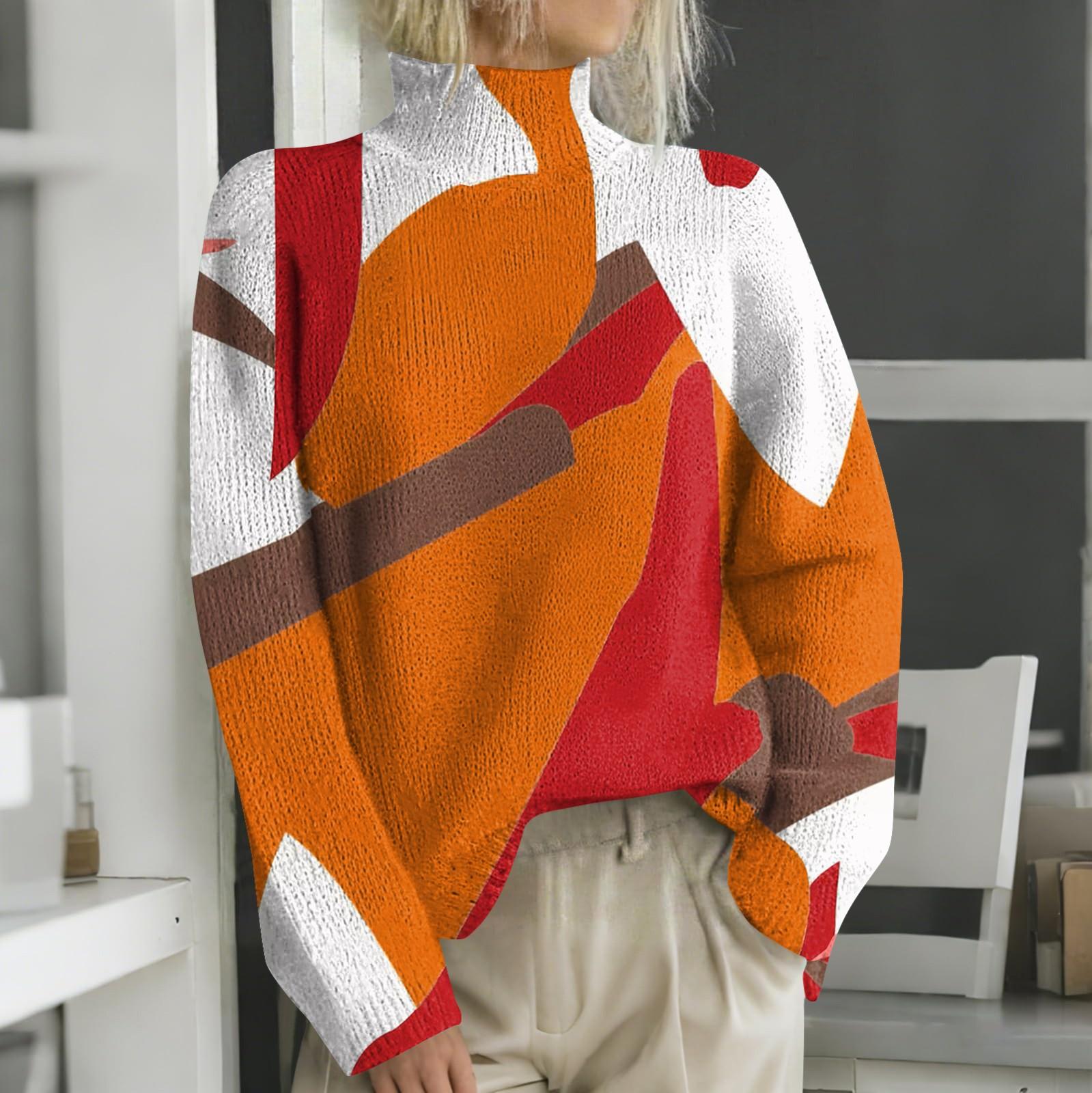 

Женская мода повседневная с длинным рукавом и принтом, с высоким воротом, шерстяной трикотаж XL оранжевый