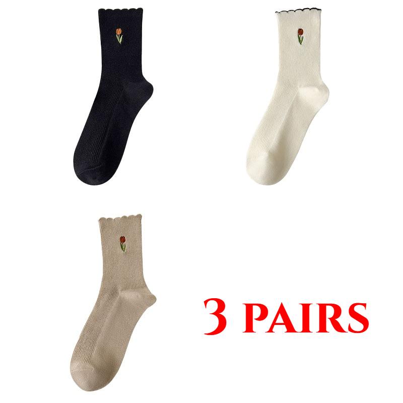 3 Pairs of Women's Socks Set Spring and Summer Thin Breathable Ruffle Edge Socks All Cotton Cute Women's White Printed Socks