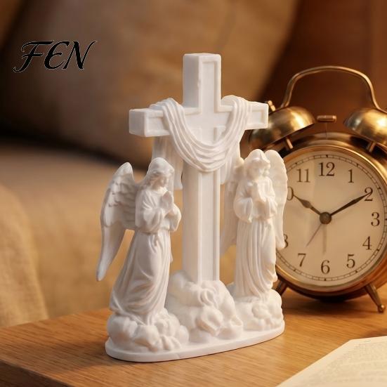 Minimalist Angel Desk Decor 3D Printed Praying Ornament, Dual Angels with Flowing Cloud Base, Sacred Artistic White Sculpture for Prayer Table