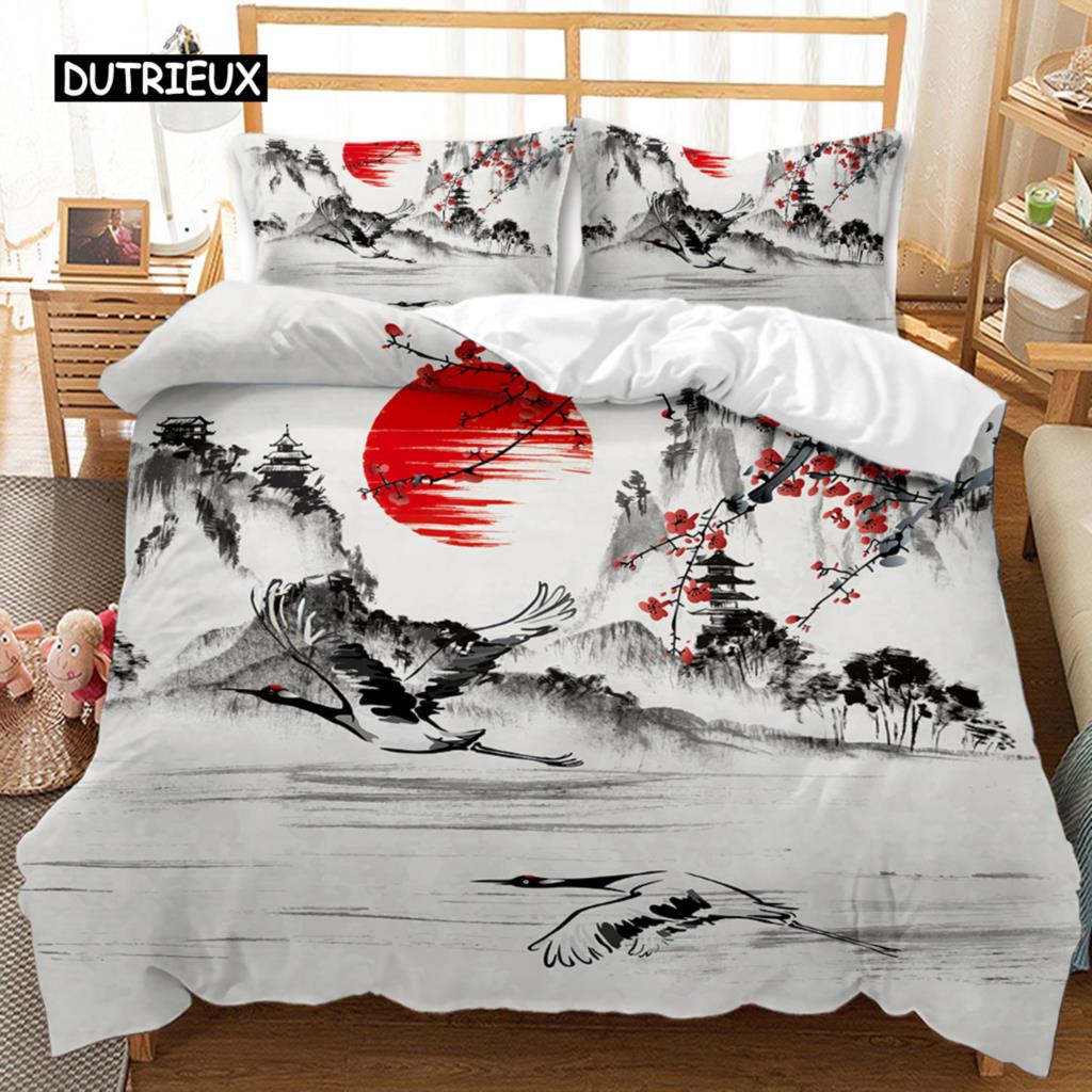 Nationell Trend Påslakanset Körsbärsblommor Trana Tryckt Sängkläder Havsvågor Dun Traditionell Retro Polyester Quiltöverdrag