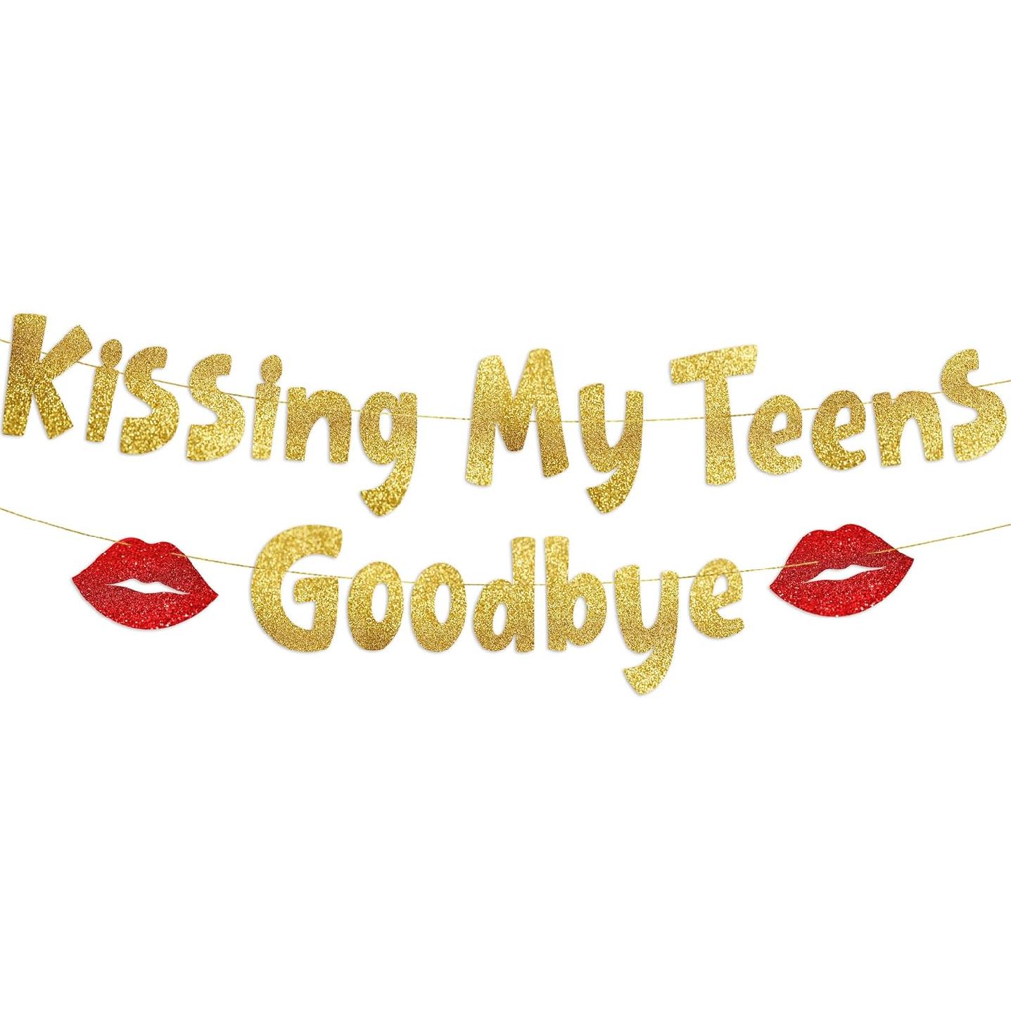 Kissing My Teens Goodbye Gold Glitter Banner- Happy 20th Birthday Party Decorations and Supplies