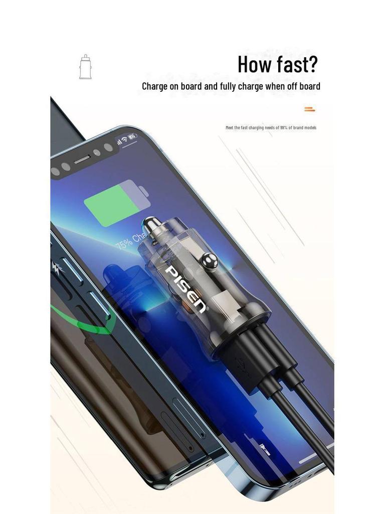 PISEN Transparent Dual-Port 30W Car Charger, A+C, Fast Charging for Apple & Huawei
