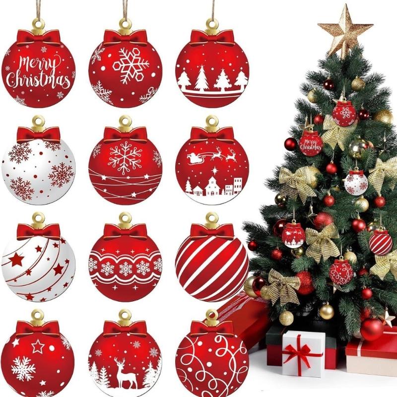 12PCS Wooden Christmas Ball Ornaments Hanging Pendant Festival Home Decoration Decorative Holiday Party Supplies