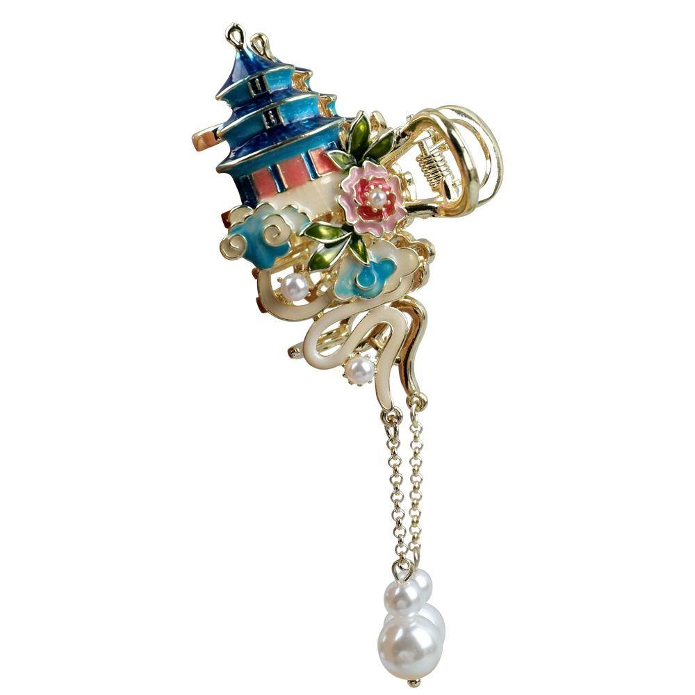 enamel Chinese Style Hair Claw Pearl Metal Shark Clip Cheongsam Design Hair Clip  Girls