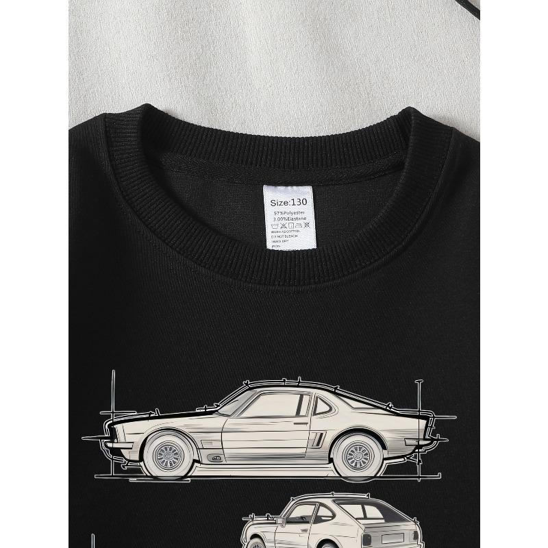 European sizes Classic Muscle Car Blueprint Girls' Crew Neck Fashion Sweatshirt, Autumn Winter Western Top, Long Sleeved Casual.