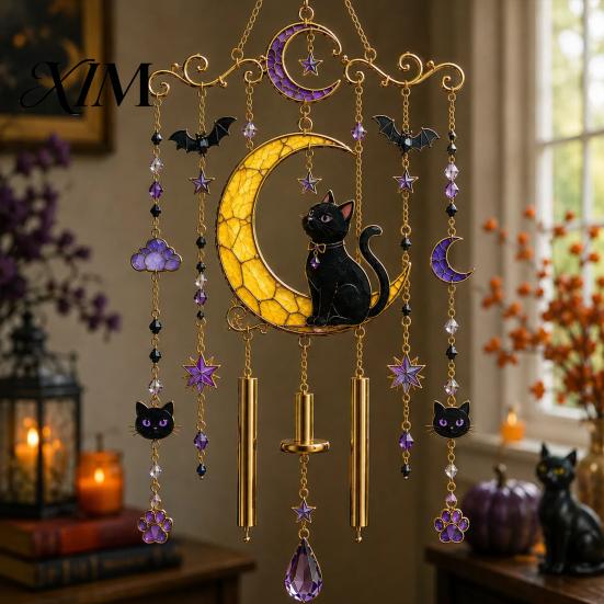Bat Moon Themed Decor Halloween Stained Glass Style Wind Chime, Acrylic Suncatcher Hanging Ornament with Ghost Black Cat Raven Witch Festive