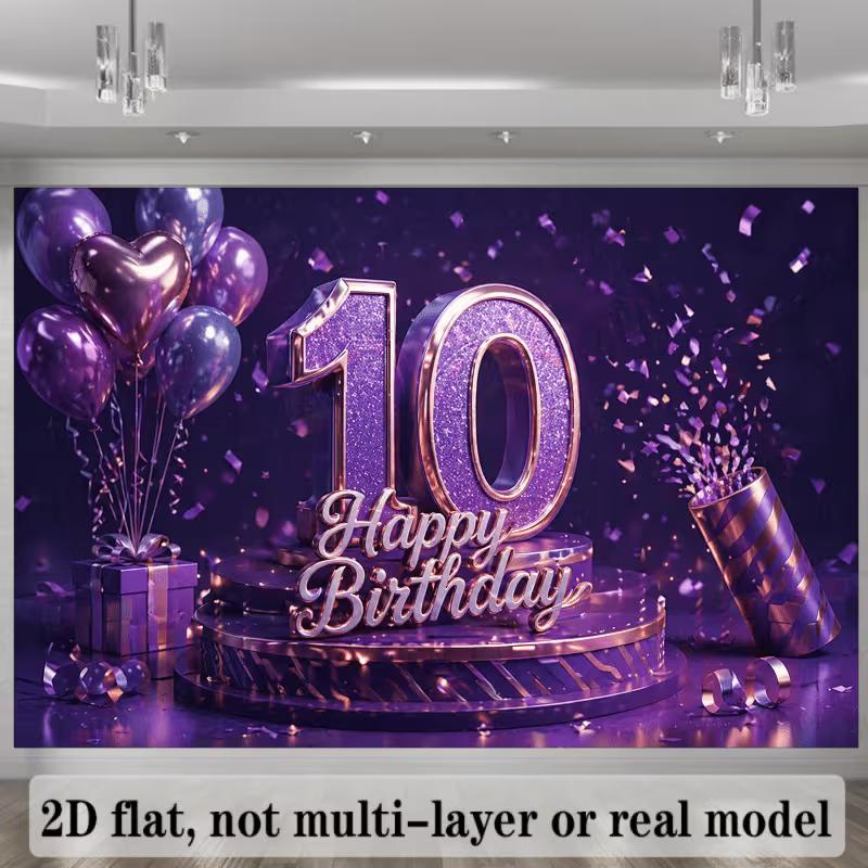 2D Glücklicher 10. Geburtstag Kulisse Lila Glitzer Foto Hintergrundtuch für Mädchenparty