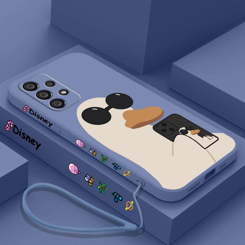 Duck With Sunglasses Cute Cartoon Phone Case For Samsung A73 A53 A33 A52 A32 A71 A51 A21S A50 A30 5G Liquid Left Rope Soft Cover