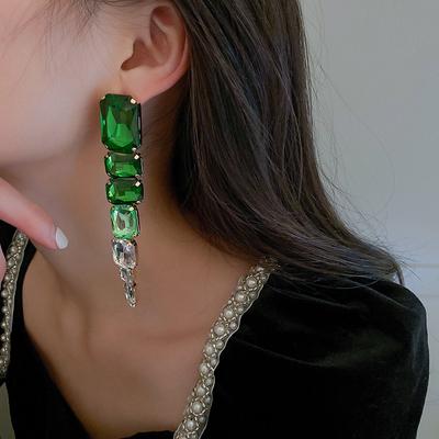 Long Tassels Square Green Crystal Drop Earrings Hyperbole Oversize Dangle Earrings For Women Banquet Jewelry Gifts