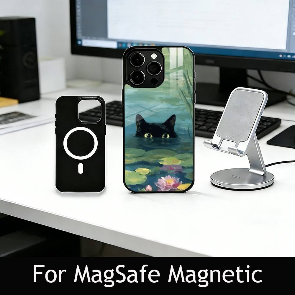 Cute Black Cat Illustration Phone Case For iPhone17,16,15,14,13,12,11 Plus,Pro Magnetic For Magsafe Wireless Charging